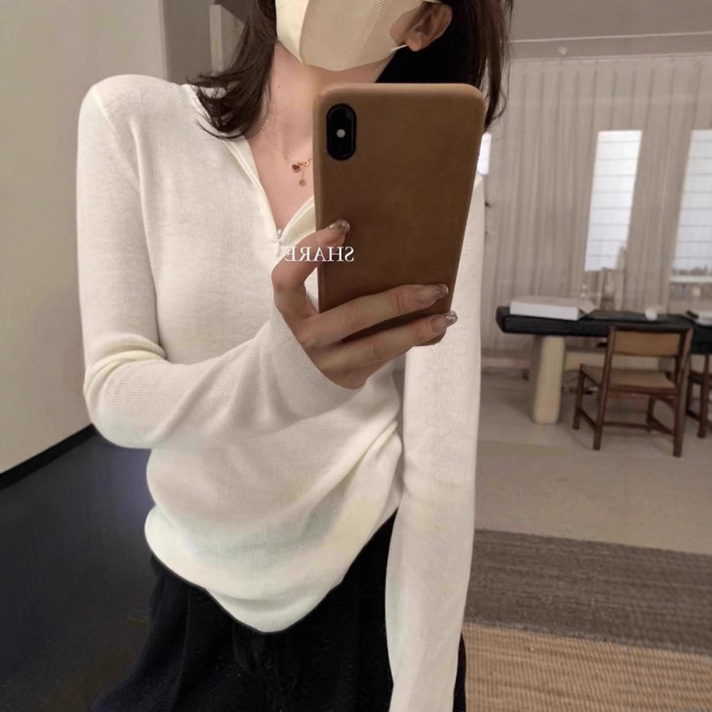 Korean Style Gentle Half-Zip Hooded Knitwear for Women in Autumn and Winter with Lazy Slim-Fitting Bottoming Knitwear Design Top