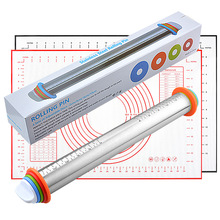 亚马逊17寸可调型不锈钢擀面杖调节厚度刻度面粉棍擀面皮揉面工具