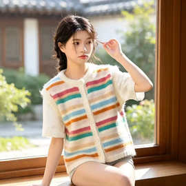 韩系秋季新款彩虹条纹撞色针织开衫马甲清新学院风毛衣女背心上衣