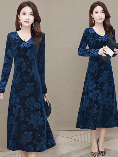 Velvet 3D Printed Dress for Women - Spring and Autumn/Winter Plus Size - Elegant and Slimming - Mother's Dress - Large Swing Over-Knee Length