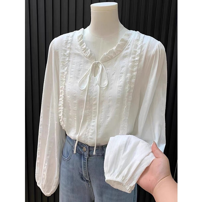 Early autumn plus size 90kg French-style lace collar tie white shirt for plus-size women, elegant long-sleeved top Early autumn plus size 90kg French-style lace collar tie white shirt for plus-size women, elegant long-sleeved top