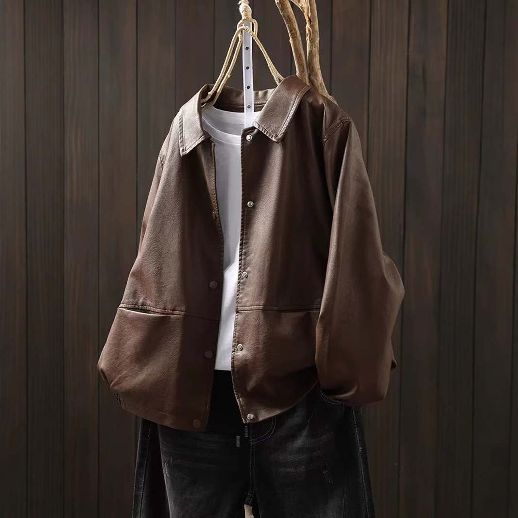 Autumn New Leather Jacket Women's Loose Slim Lapel Puleather Biker Clothing Hong Kong Style Jacket Trendy Top