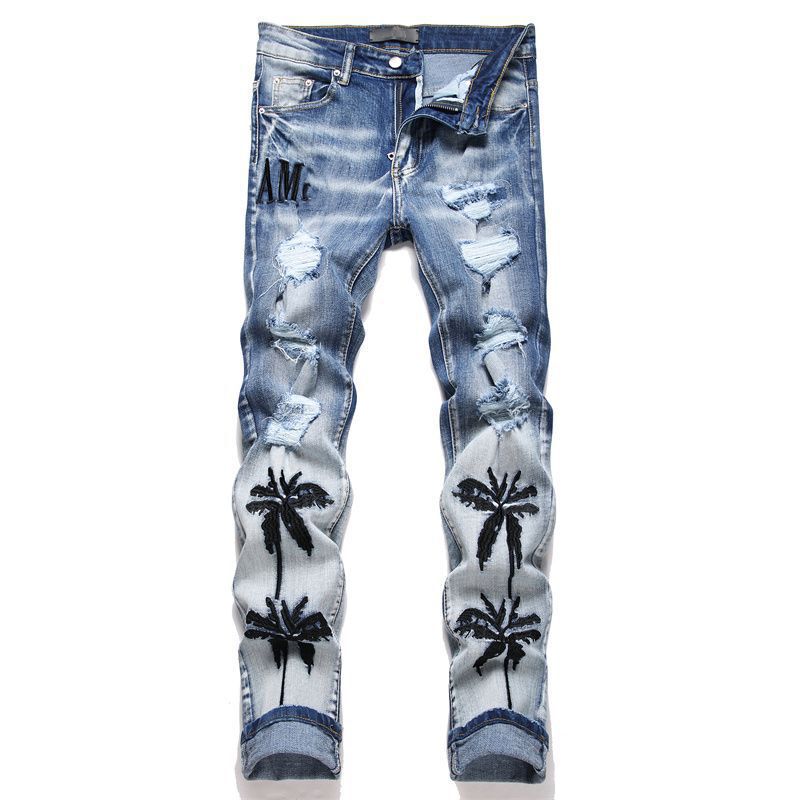 Ins High Street Coconut Tree Embroidered Ripped Jeans Men's Elastic Slim Fit Handsome Casual Long Pants Blue