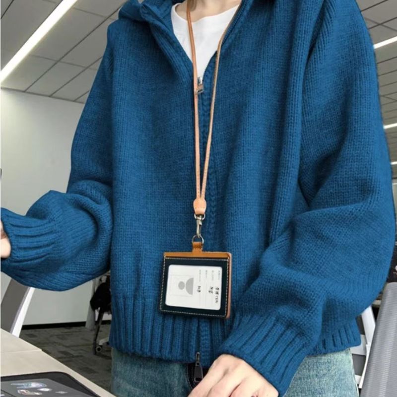 感慵懒风连帽卫衣拉链毛衣女秋冬宽松显瘦设计感针织开衫|undefined