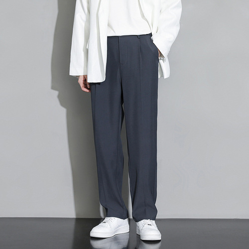 Men's Summer 9-inch Loose Straight Casual Pants with Sheer Feel, Spring and Autumn Style Ice Silk Black Suit Trousers