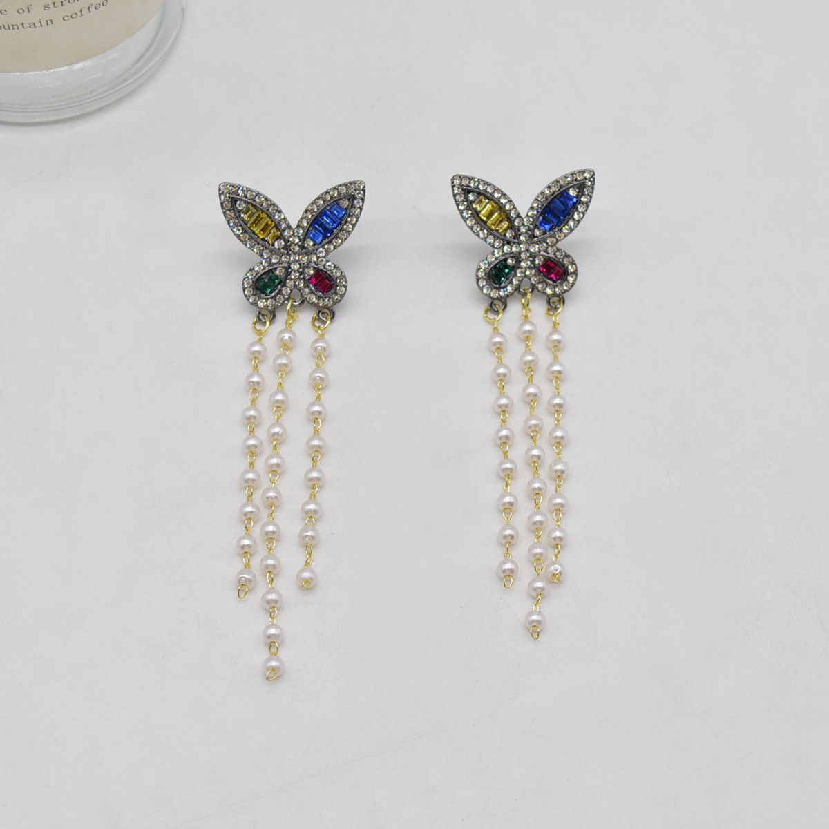 Fashion Diamond Butterfly Long Tassel Pearl Alloy Drop Earrings display picture 2