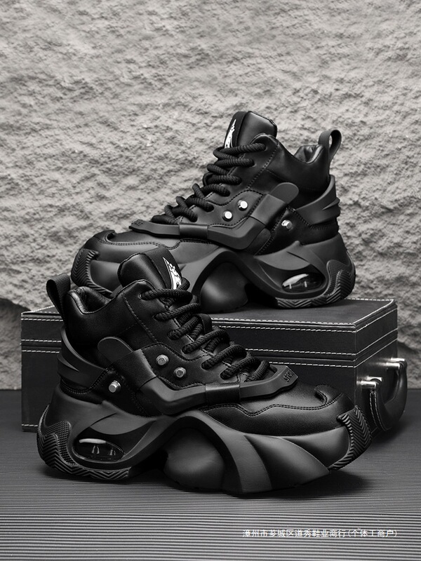 Cos Invisible Inner Height Increase 12cm 10cm 8 Men's Versatile Thick-Soled Dad Shoes Pure Black Warrior Rivet High-Top Trendy Shoes