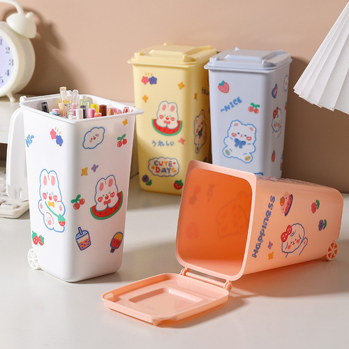 Desktop small trash can pen holder cute cartoon trumpet with lid creative desk paper basket household storage bucket