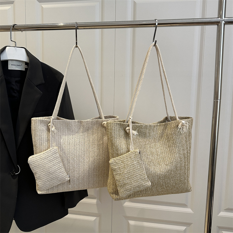 Bolsas de paja transfronterizas 2025 primavera y verano nuevas bolsas de ocio este año populares bolsas de mano de hombro de dos piezas image 5