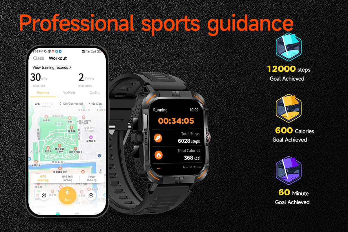 Montre connectée outdoor avec écran tactile AMOLED 1,97 pouce, Bluetooth, appels et lampe torche._voghion.com