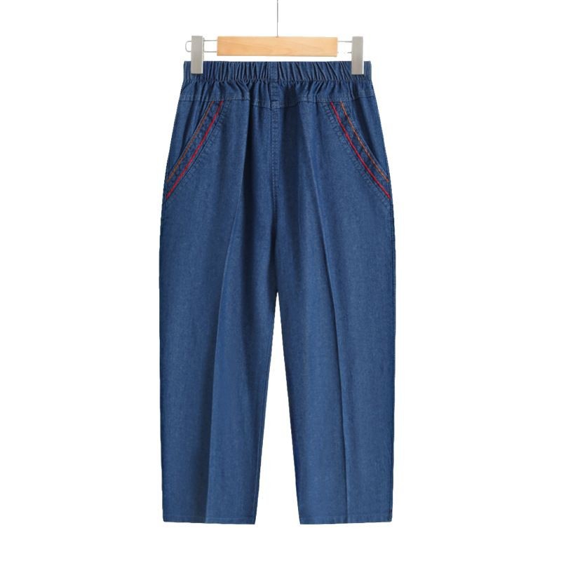 Middle-aged and elderly women's pants denim cotton 7-point pants fashion cow Gao Tao plus size breeches summer elastic belt mother pants