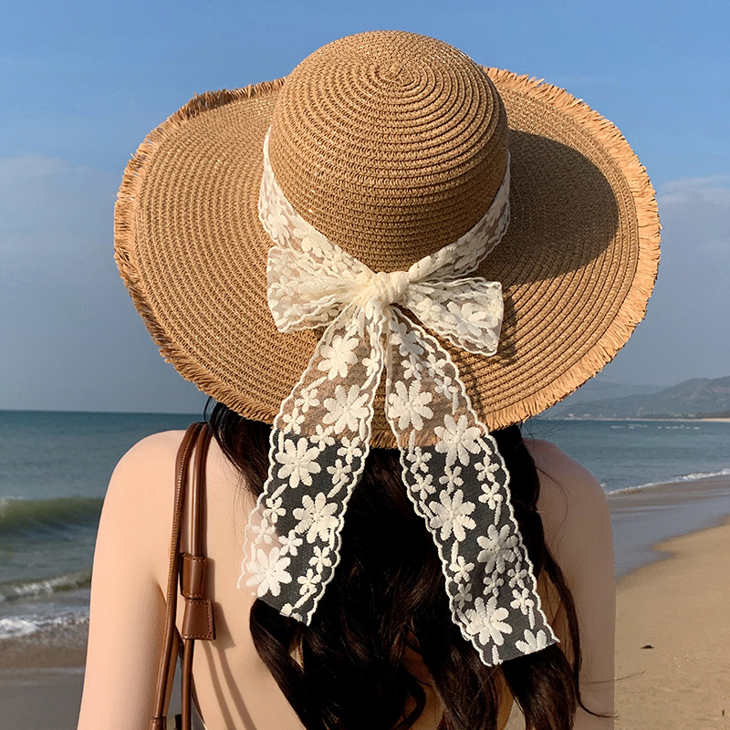 Sombrero de paja con lazo – estilo veraniego, ala ancha, para playa o vacaciones al aire libre