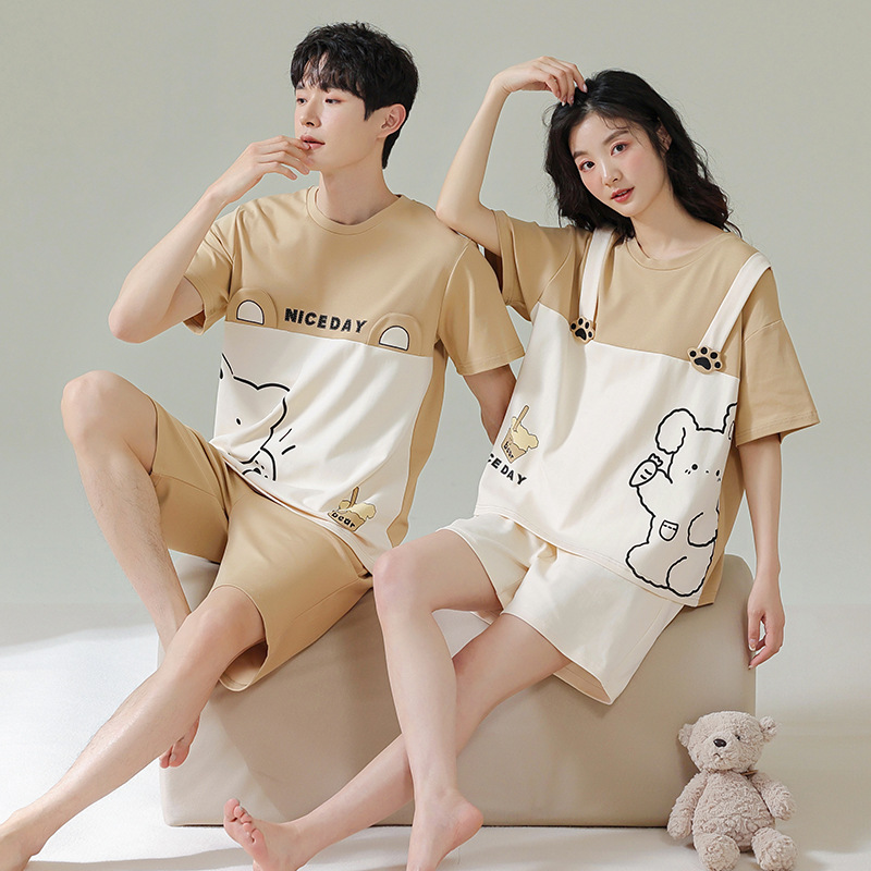 Pijamas de pareja pantalones cortos de manga corta de algodón de verano hombres y mujeres traje de homewear delgado de dibujos animados de oso lindo de algodón