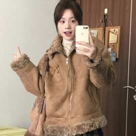 冬季韩系皮毛一体麂皮绒棉衣外套女2025新款加厚保暖羊羔绒棉服潮