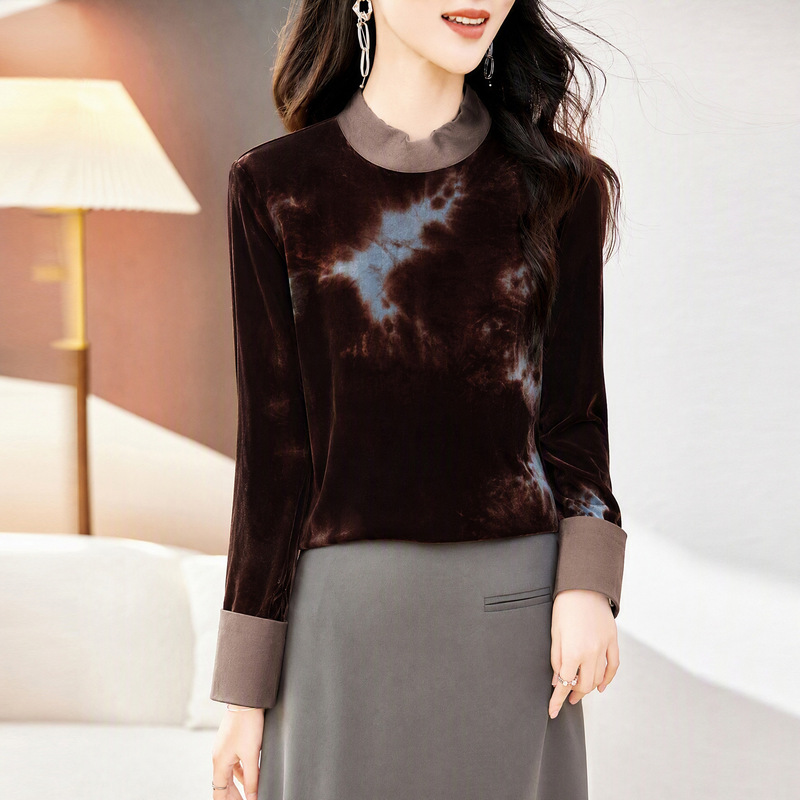 High-End Fashionable Silk Velvet Top for Women, Long-Sleeved 2026 New Autumn Style, Tie-Dye Silk Blouse
