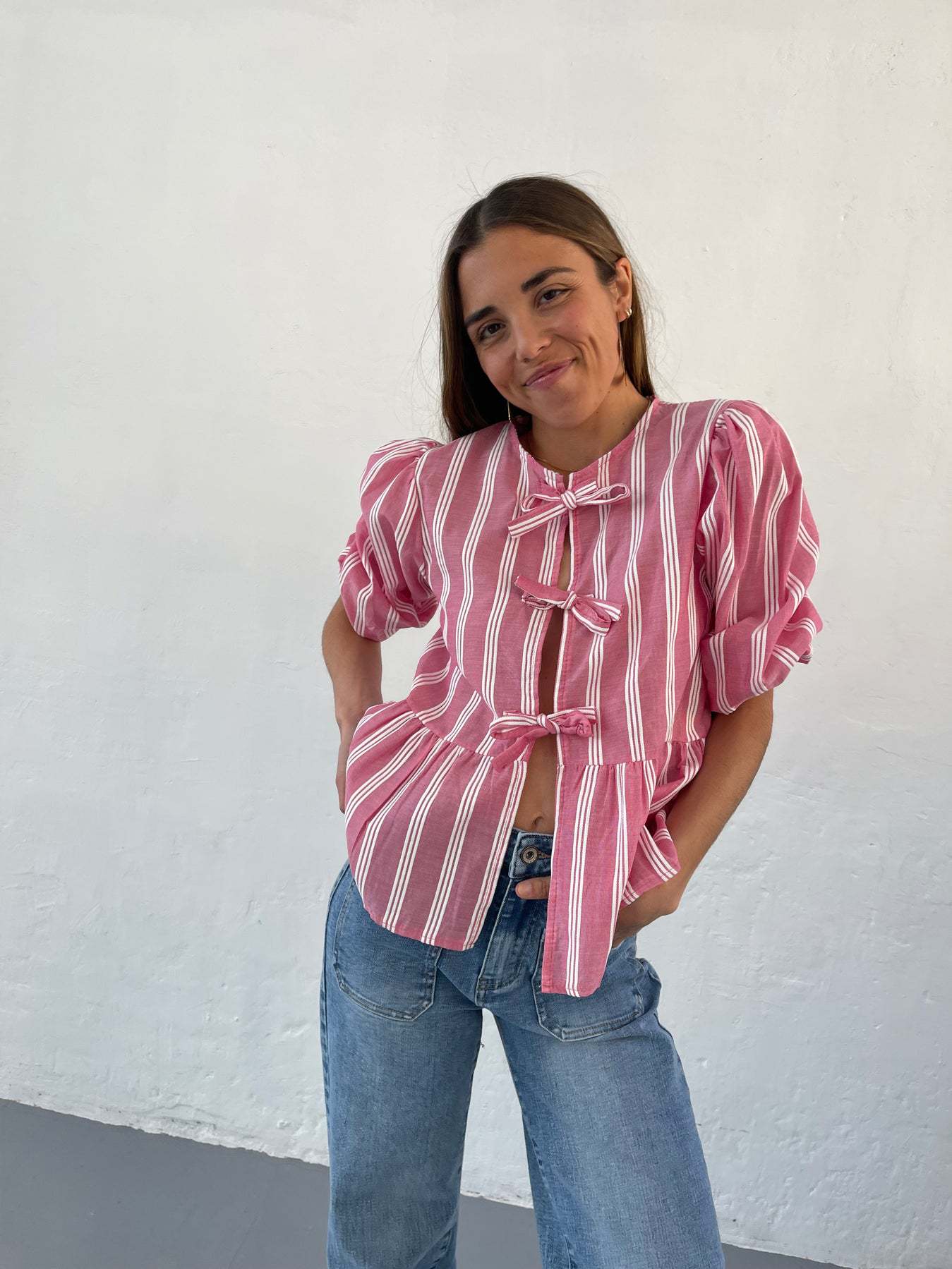 210g Weight Half Sleeve Sleeve Length Tie Placket Type Regular Sleeve Sleeve Type Polyester Fabric Type Regular Top Length Blouse Tops Type Holiday Occasion Round Neck Neckline Loose Fit Type Stripe Pattern Summer, Spring Season Women's Gender Streetwear Style Wholesale Women's Streetwear Stripe Half Sleeve Blouses 15