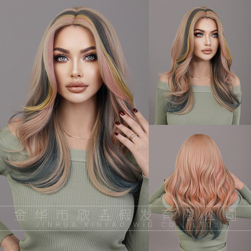 New European and American fashion wig, medium-parted long curly hair, large wave gradient, rose mesh chemical fiber women's wig full head cover