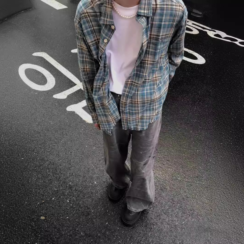 Plaid Flannel Fringed Distressed Plaid Shirt Cleanfit Design Unisex Spring Top Loose Casual