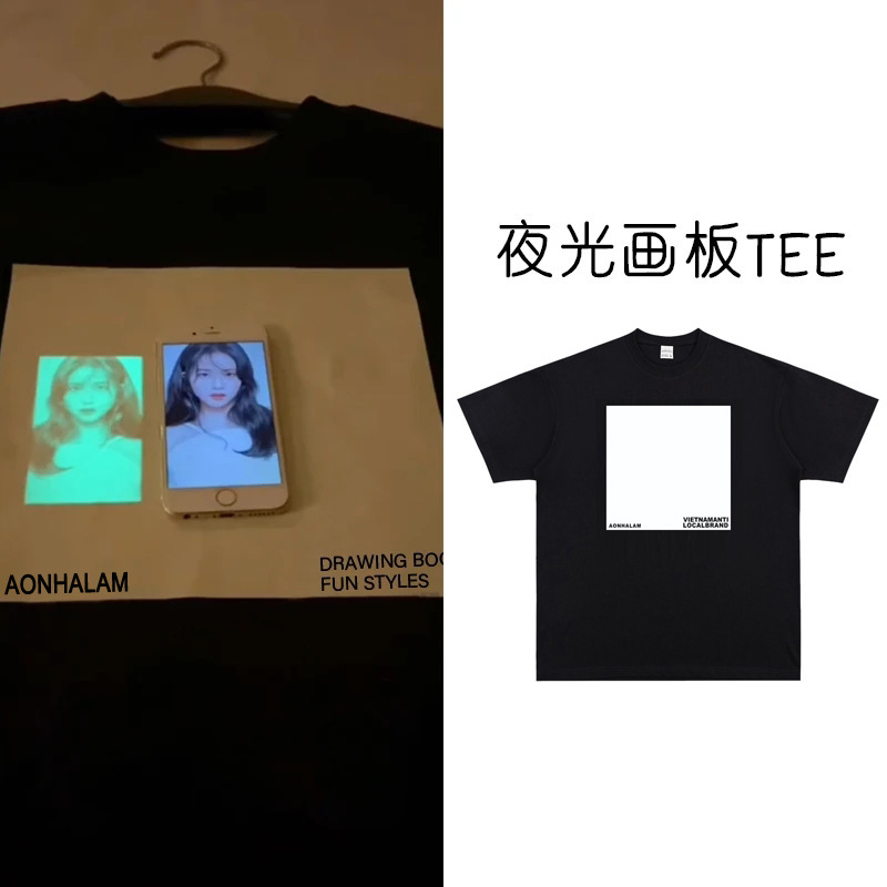 Luminous Sketchpad T-shirt Men's and Women's Neutral Style Fun Fluorescent Green Printed Pure Cotton Loose Short Sleeve Ins Style Couple Dress