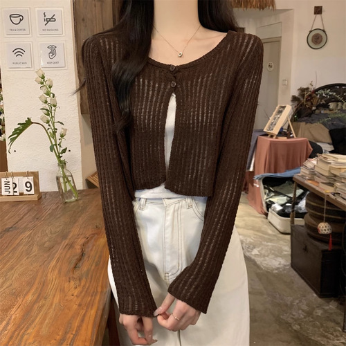New Korean style loose short hollow long sleeve thin sunscreen knitted cardigan top in summer