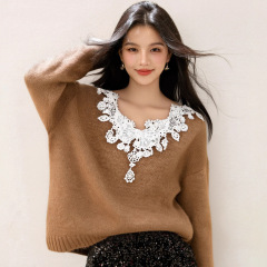 R9303轻熟绣花V领厚实保暖宽松甜美少女毛衣长袖秋冬新款气质2025