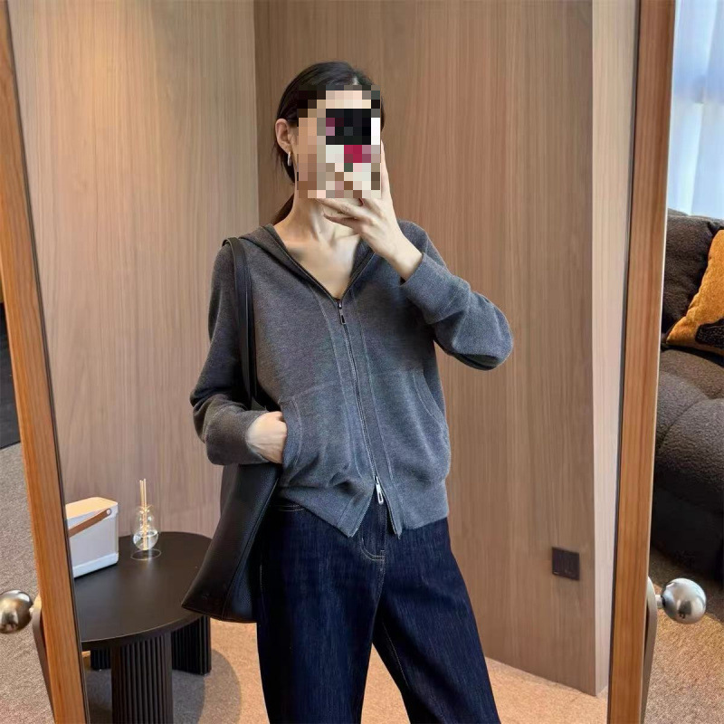 精纺美丽诺羊毛西平针双拉链减龄连帽针织衫外套女Y0911M