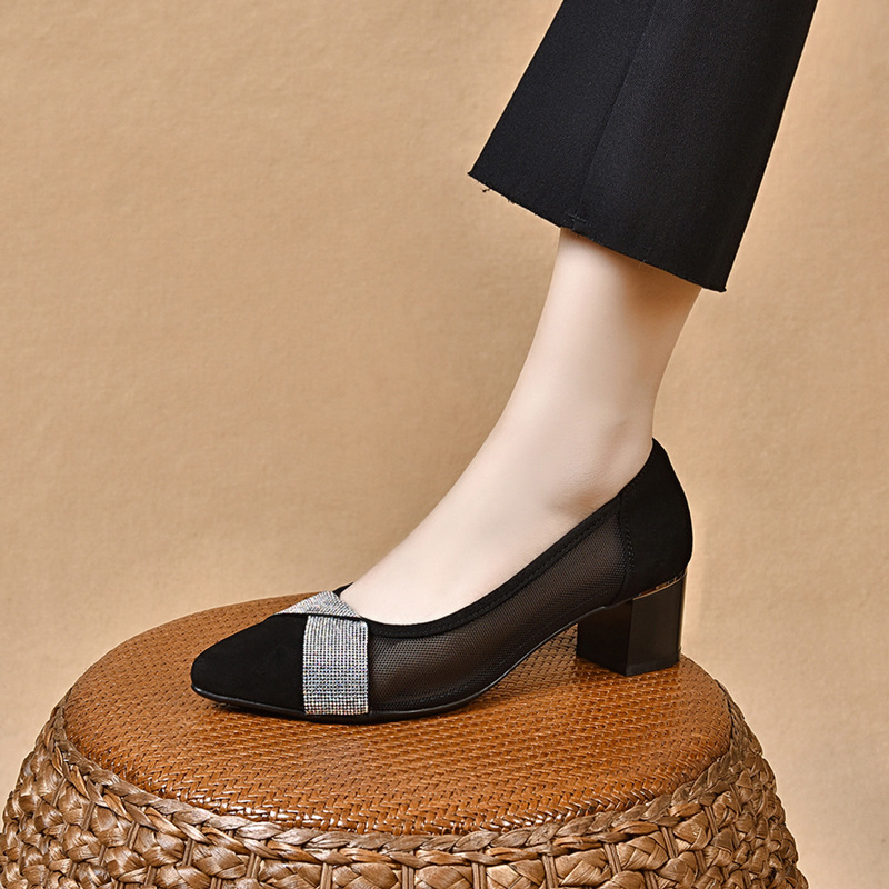 Giày sneaker nữ da lộn lưới thoáng khí đế bằng miệng nông — Gót thô màu đen (5 cm)