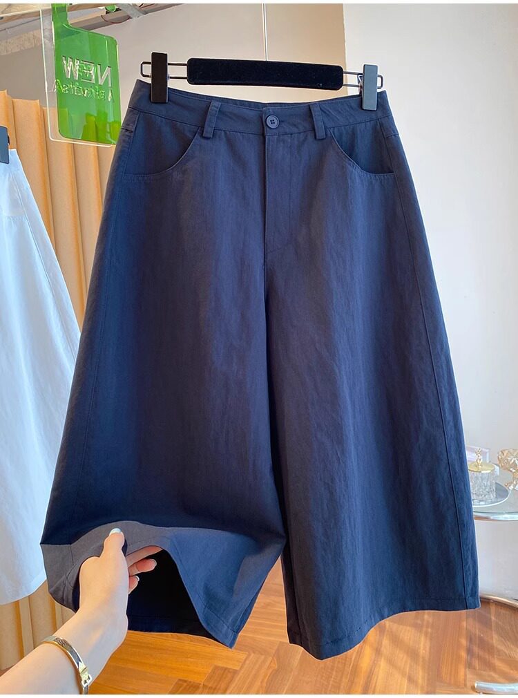 Quần culottes nữ ống rộng cạp cao dáng suông — Xanh lông mòng đen chi tiết 14