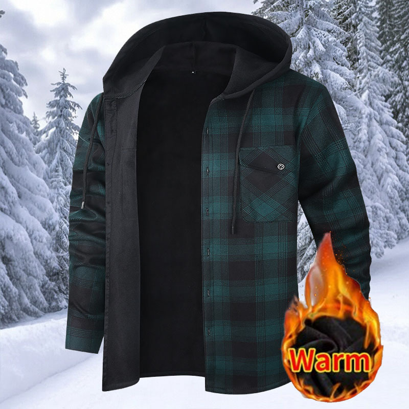 New Cross-Border Men's Flannel Long-Sleeve Plaid Shirt, Warm and Cold-Resistant, Men's Fleece-Lined Shirt with Hood and Double Pockets