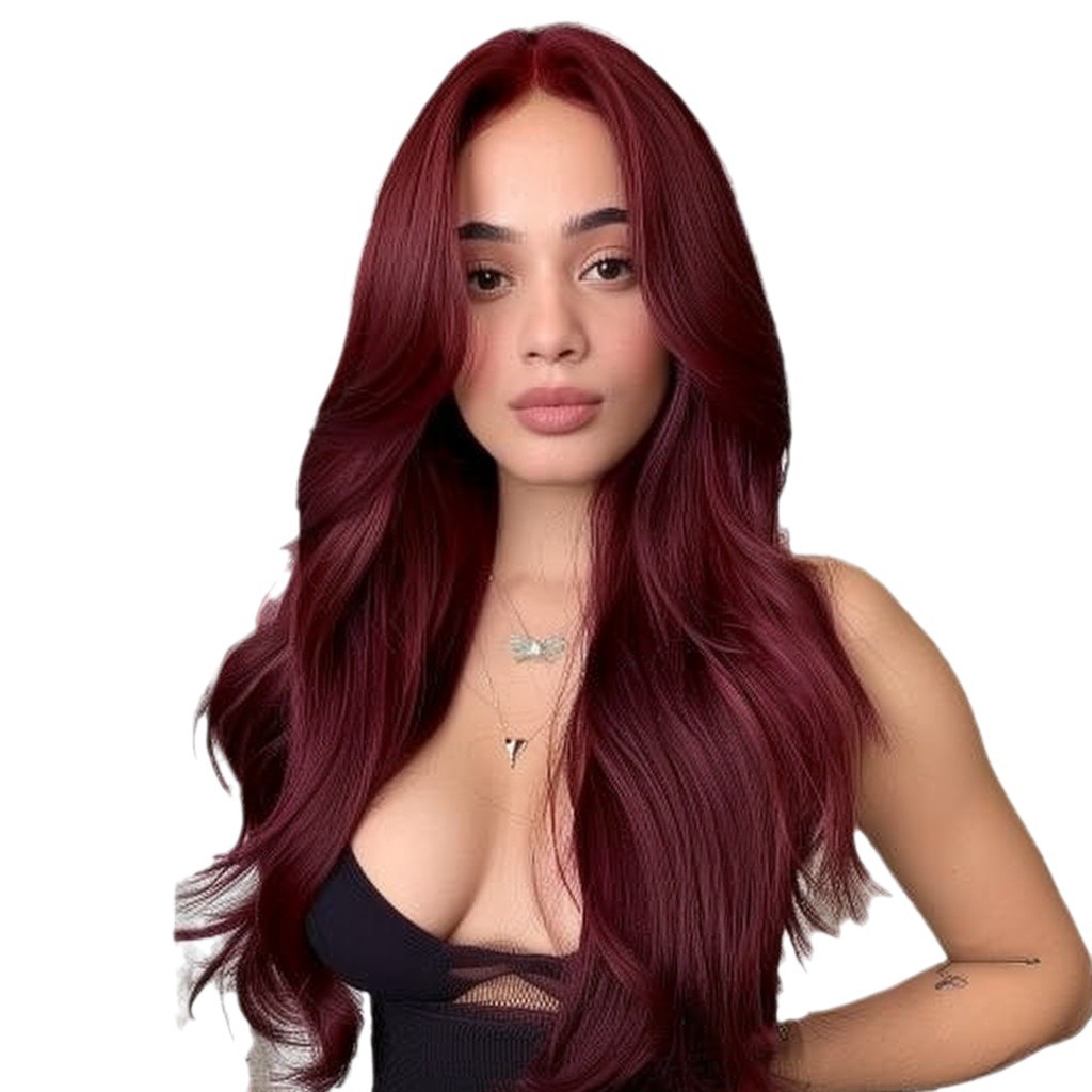 Fábrica en stock europeo y americano cabeza completa cubierta medio gradiente rojo grande onda larga Pelo Rizado pequeño T importado peluca del cordón para las mujeres