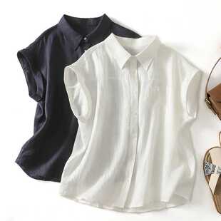 Real Shot of Unique and Beautiful Pure Linen Rolled Edge Short-Sleeved Lapel Shirt for Women Summer Thin Elegant Shirt Top