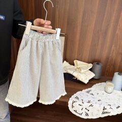 女の赤ちゃんの夏の防蚊パンツ女の子の縦縞クールワイドレッグパンツ女の赤ちゃんの軽量コットンとリネンのカジュアルパンツ