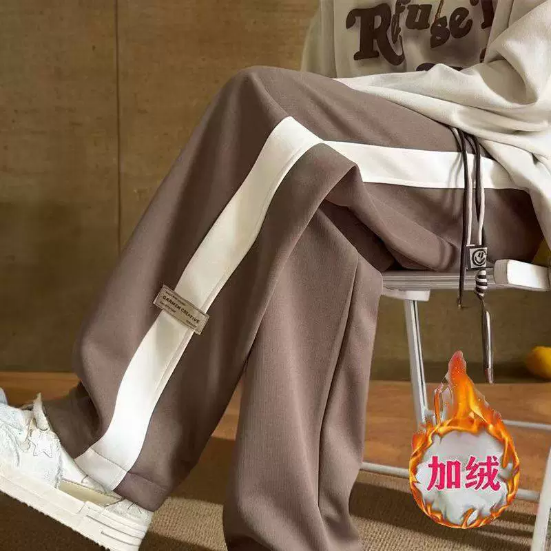 Осенние и зимние спортивные брюки мужские американские приливные свободные прямые брюки плюс бархатные брюки гонконгского стиля широкие ноги повседневные брюки для мужчин и женщин