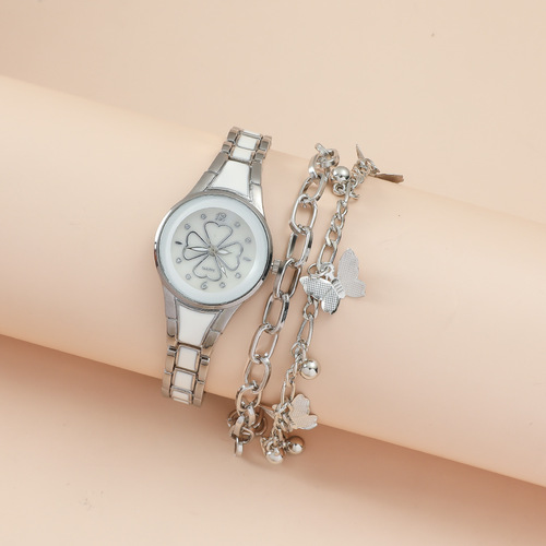 新款女表套装 简约复古小众四叶草女士腕表+小众蝴蝶手链套装