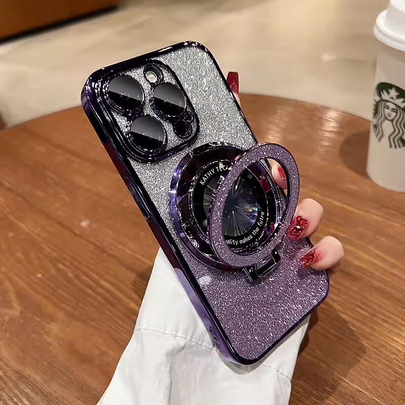 IPhone15メッキtpuフラッシュパウダー磁気吸引スタンド携帯ケースリンゴ16透明転倒防止i14保護カバーを適用|undefined