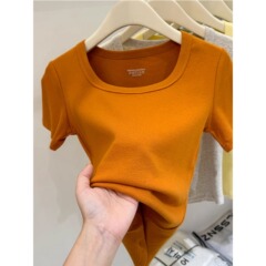 ヨーロッパラウンドネック右肩レディース Tシャツ 2025 新しいスリムフィットショートトップ半袖半袖 Tシャツトレンディ A3417