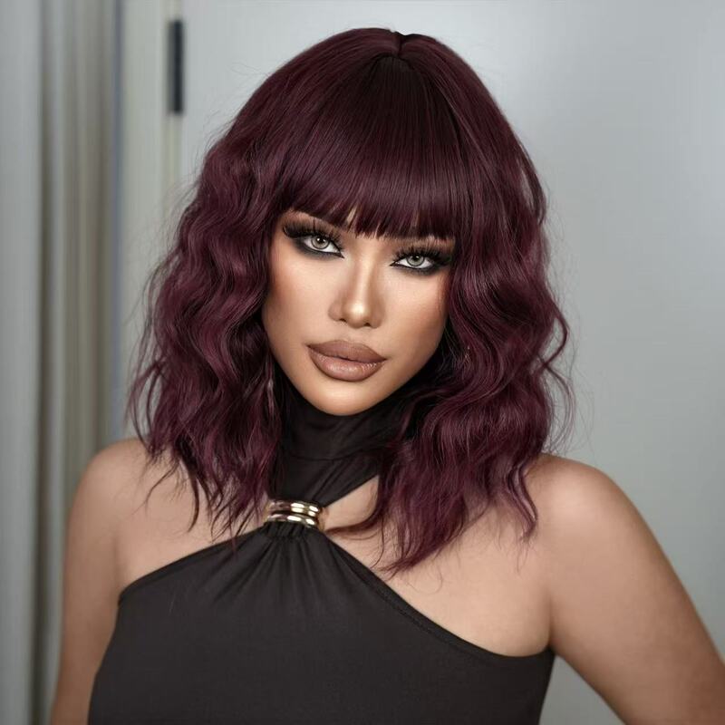 European and American Fashion Short Curly Hair with Bangs, Multi-Color Gradient Taro Color Short Curly Corn Perm Bob Wig Full Headgear European and American Fashion Short Curly Hair with Bangs, Multi-Color Gradient Taro Color Short Curly Corn Perm Bob Wig Full Headgear