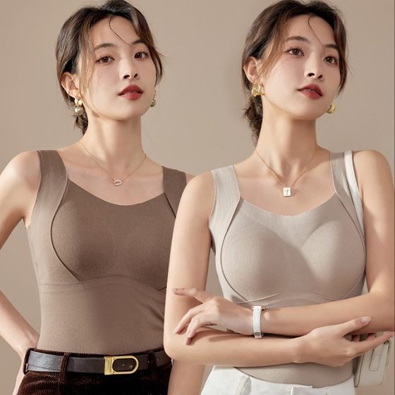 Cashmere Silk Warm Vest Women's One-piece with Chest Pad Fixed Cup Autumn and Winter fleece-lined Thickened One-piece Base Shirt