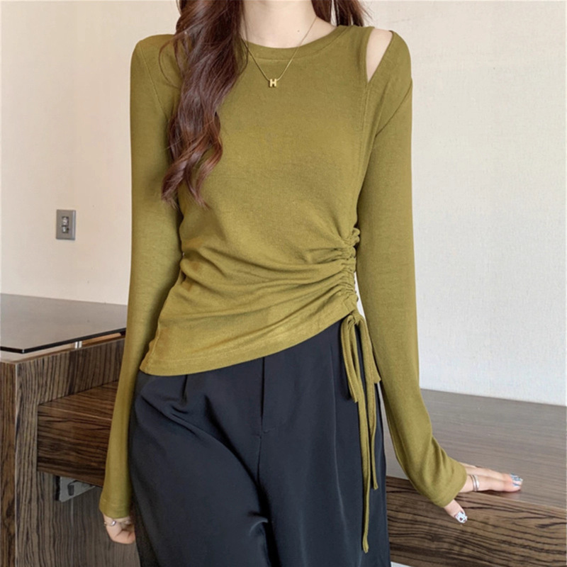 Off-Shoulder Stylish Long-Sleeve T-Shirt for Women, Summer Thin Slim-Fit Irregular Drawstring Base Shirt, Versatile Top Trendy A6724