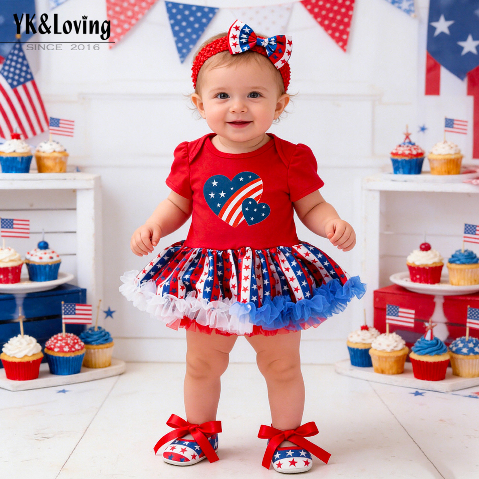 American Independence Day Baby Girl Clothing Stylish Cute Patchwork Mesh Star Romper Skirt Shoes Hair Accessories Set