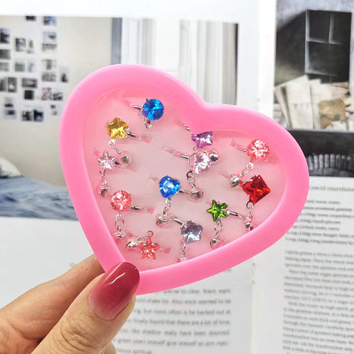 New children's ring 12 love boxed rhinestone hand ornaments girl toy ring foreign trade supply rhinestone meson
