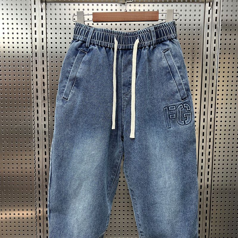 Drawstring tied denim jeans for men's 2023 summer new elastic loose Harlan leggings casual cropped pants_voghion.com