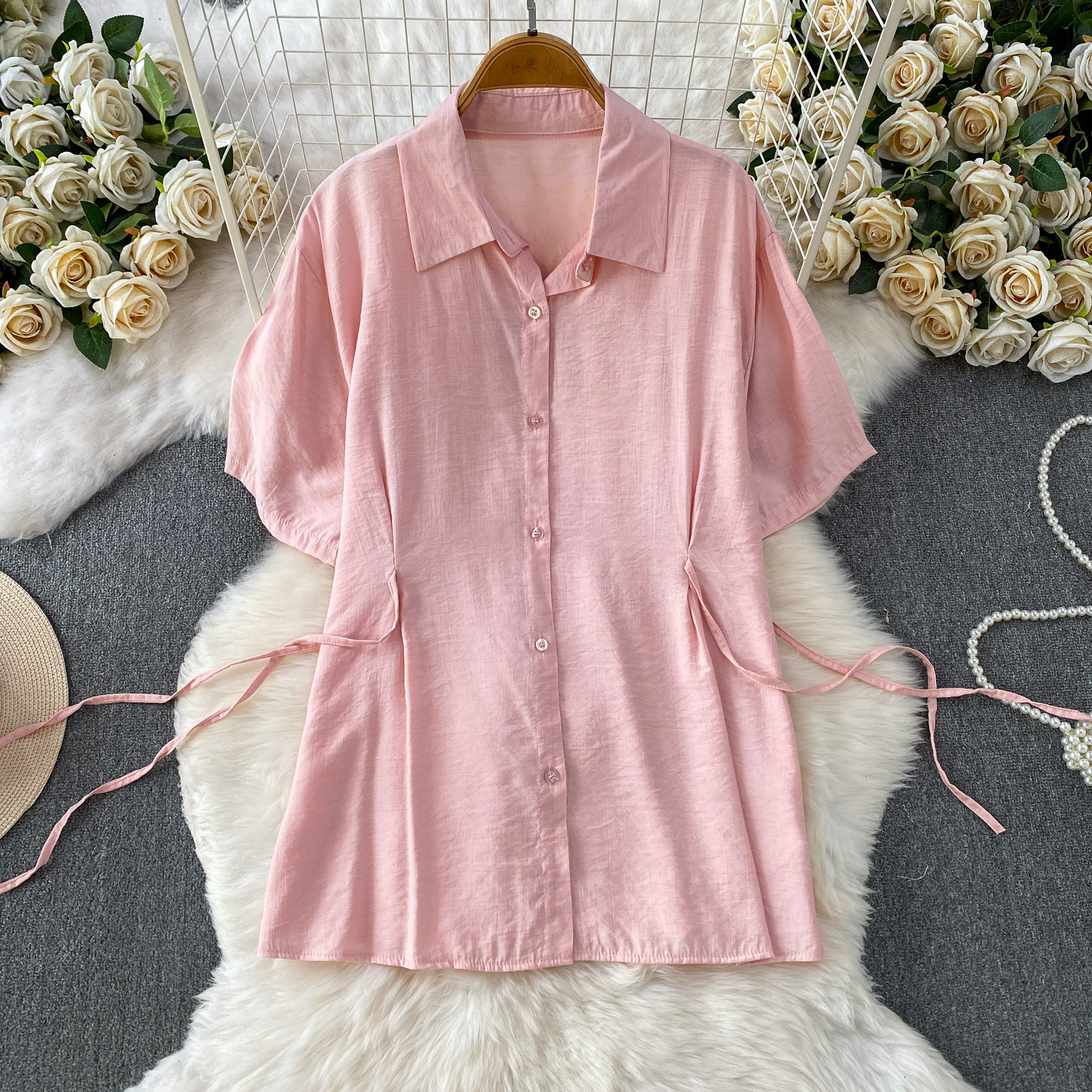 High-Waisted Slimming Collared Shirt with Side Ties And Wide Leg Trousers Women's Outfit Casual Style Set_ecoleips.com