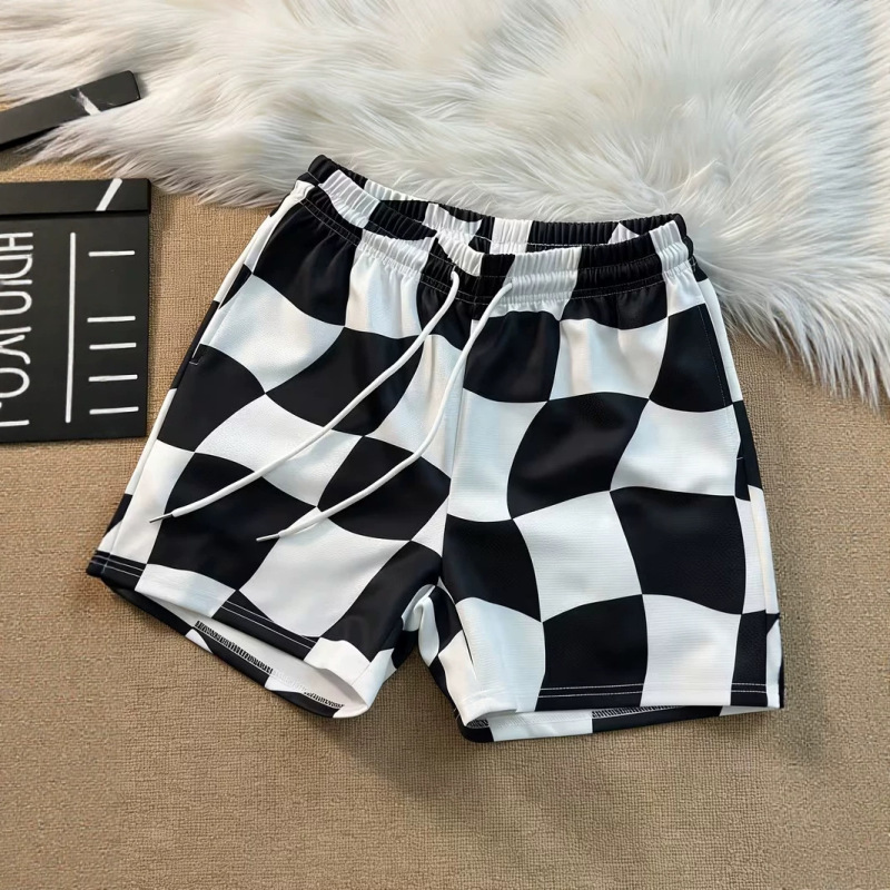 Men's Color-Blocked Checkerboard Print Shorts, Loose Drawstring Breathable Sports Casual Beach Shorts