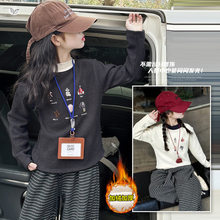 女童加绒打底衫秋冬新款撞色领口绣花内搭中大童休闲长袖上衣