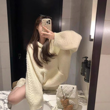 2025慵懒风软糯温柔套装女秋冬季连帽套头毛衣针织高腰短裤两件套