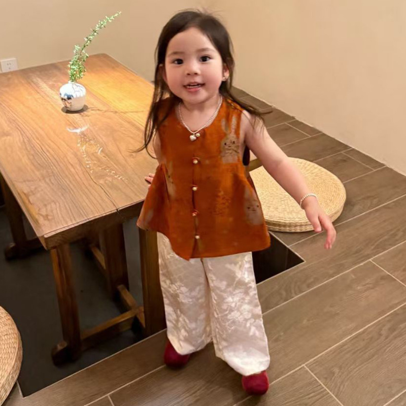 新中式儿童汉服套装秋季女童小众高质感提花马甲小女孩周岁宴礼服|undefined