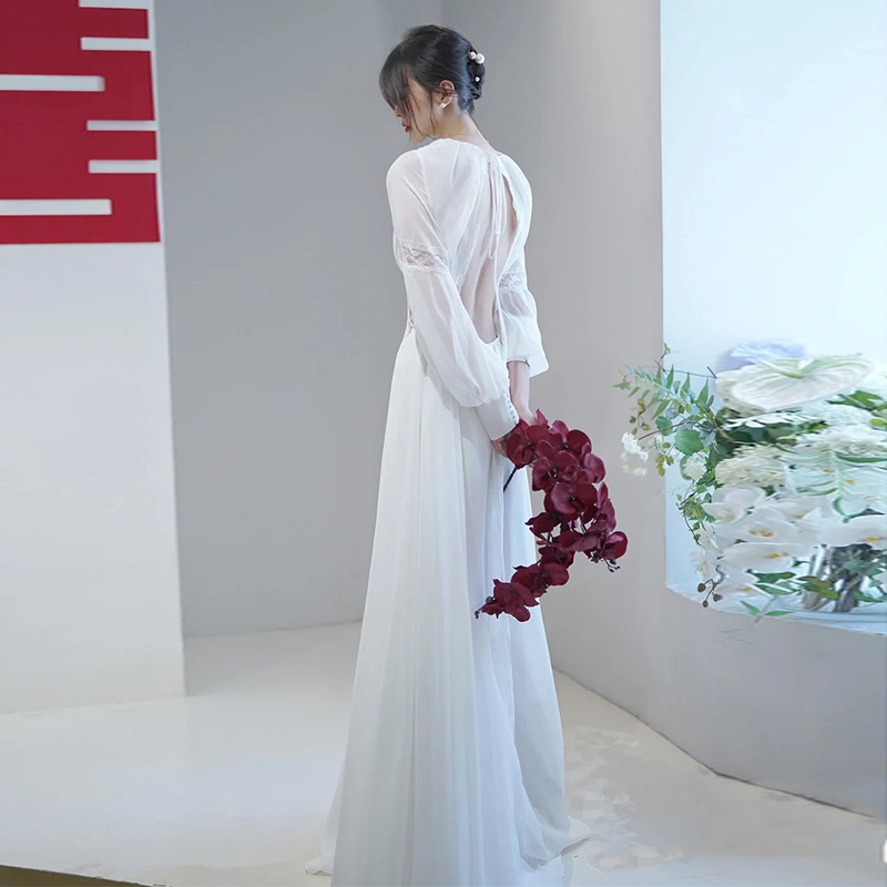 Elegant French Bridal Gown With Open Back, Graceful Chapel Train And Long Sleeves For Wedding Ceremony_ecoleips.com