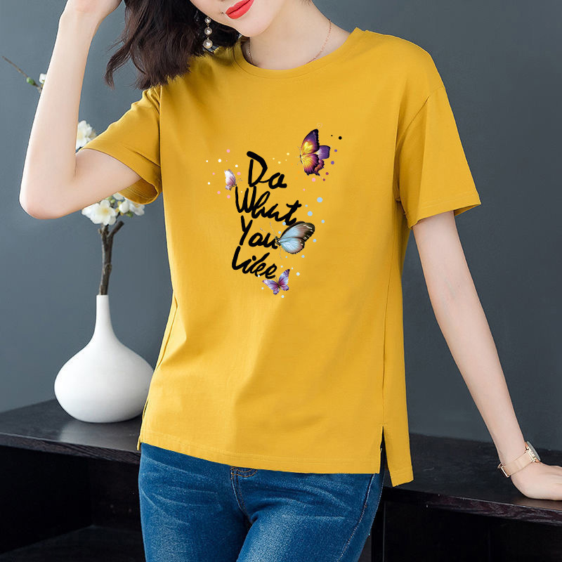 [100 Cotton] Korean version of short sleeve split T-shirt women loose summer round neck base shirt printed temperament top