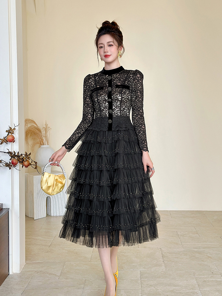 Váy ren lưới kiểu Pháp mùa xuân dành cho nữ, váy ôm eo tôn dáng, váy dạ hội sang trọng kiểu quý cô — màu đen